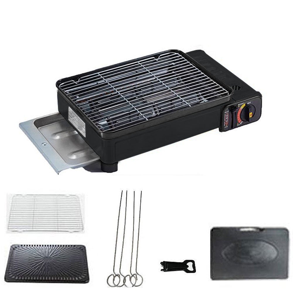 Portable Gas Stove Burner Butane BBQ Camping Gas Cooker With Non Stick Plate Black without Fish Pan and Lid - Home & Garden > BBQ