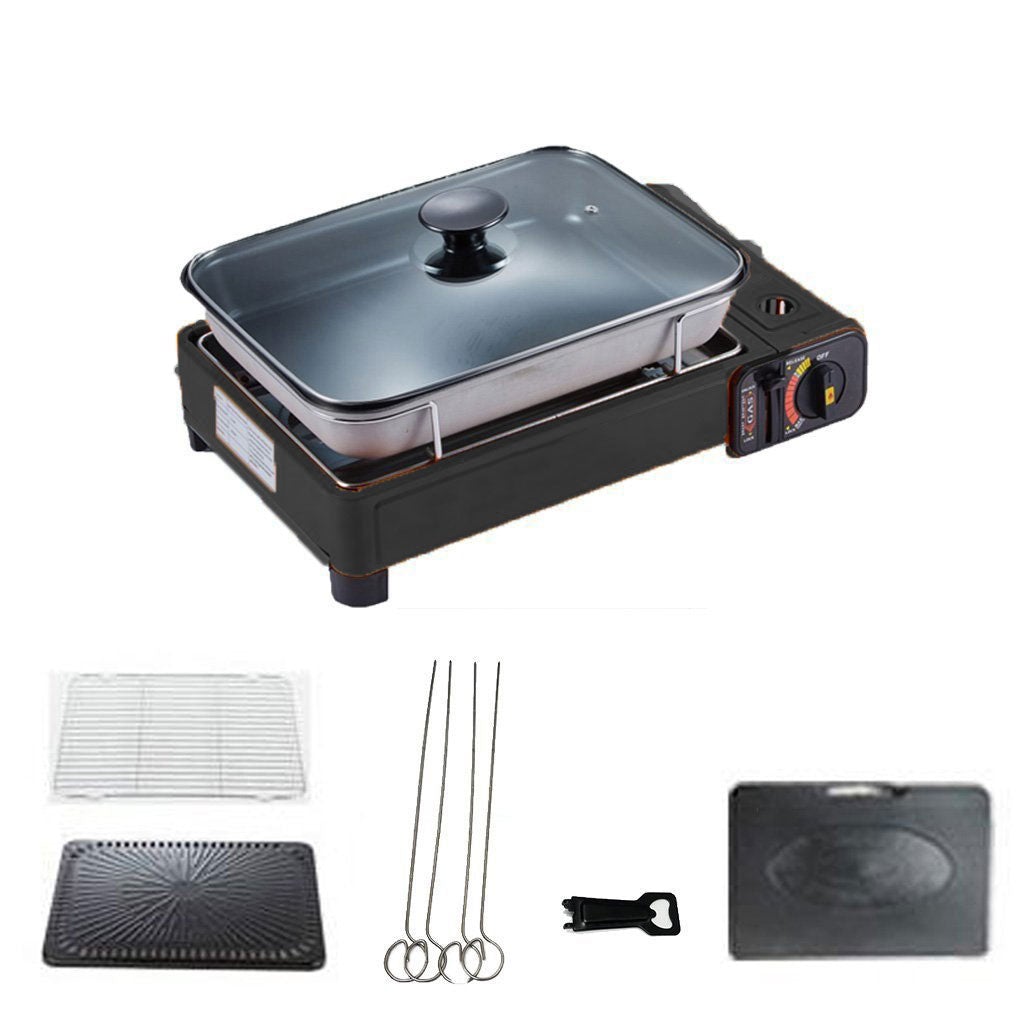 Portable Gas Stove Burner Butane BBQ Camping Gas Cooker With Non Stick Plate Black without Fish Pan and Lid - Home & Garden > BBQ