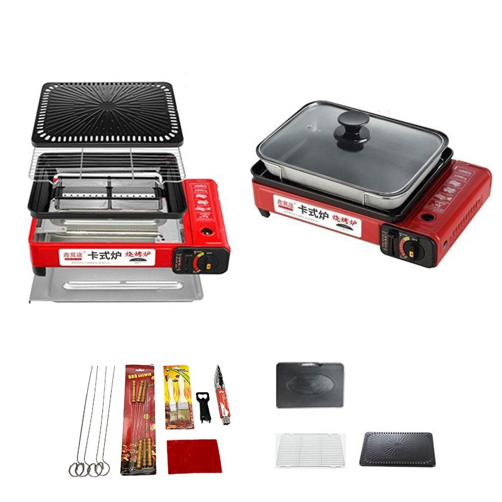 Portable Gas Stove Burner Butane BBQ Camping Gas Cooker With Non Stick Plate Red without Fish Pan and Lid - Home & Garden > BBQ