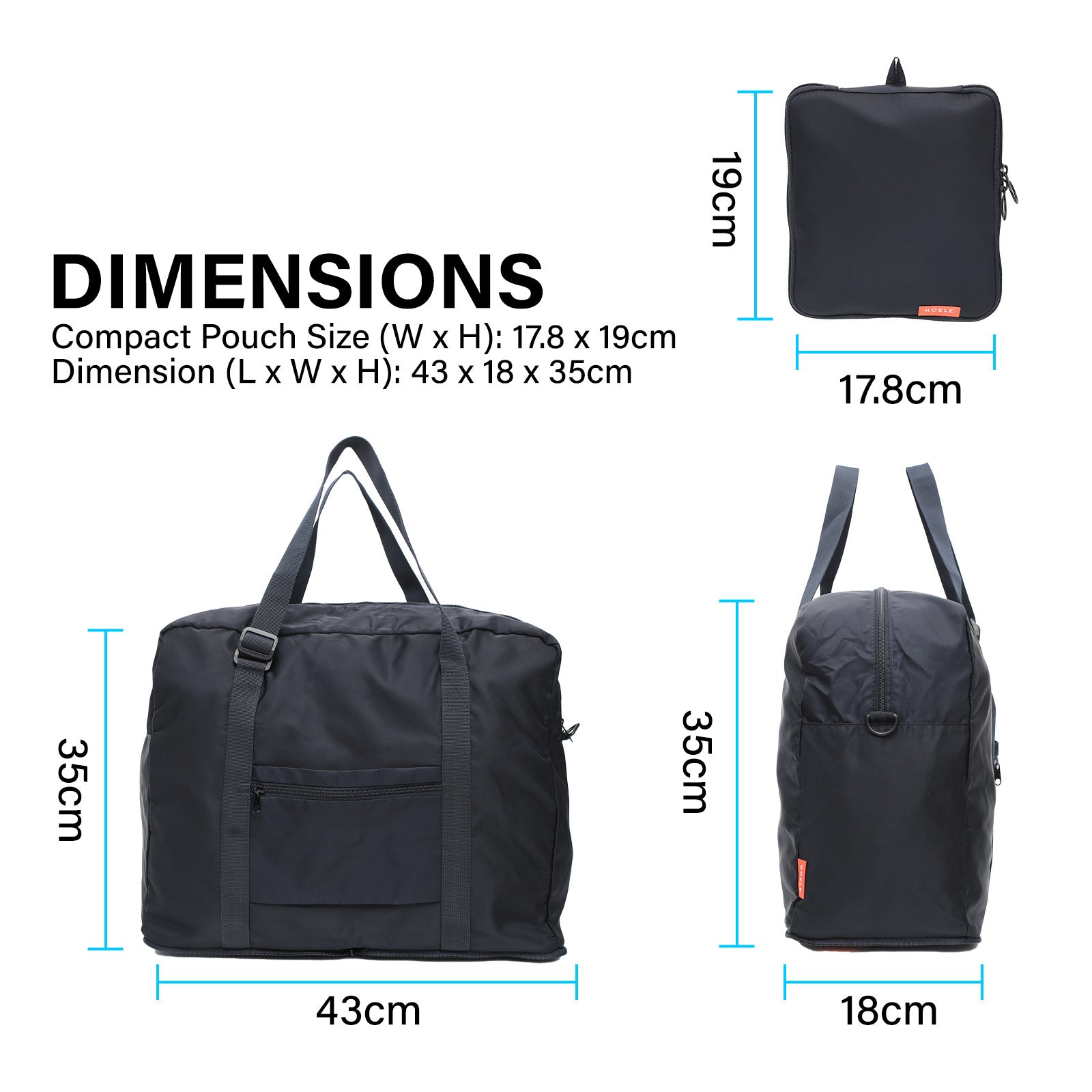 KOELE Navy Shopper Bag Travel Duffle Bag Foldable Laptop Luggage KO-BOSTON - Gift & Novelty > Bags