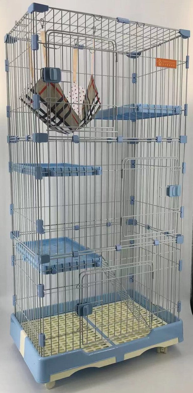 146 cm Blue Pet 4 Level Cat Cage House With Litter Tray & Wheel 72x47x146 cm - Pet Care > Cat Supplies