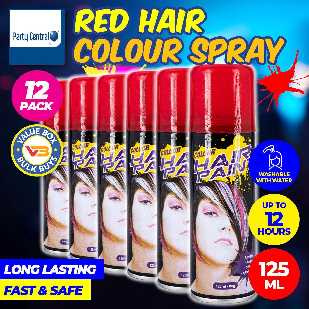 Party Central 12PCE Hair Spray Vibrant Red Long Lasting Non-Sticky 125ml - Occasions > Costumes