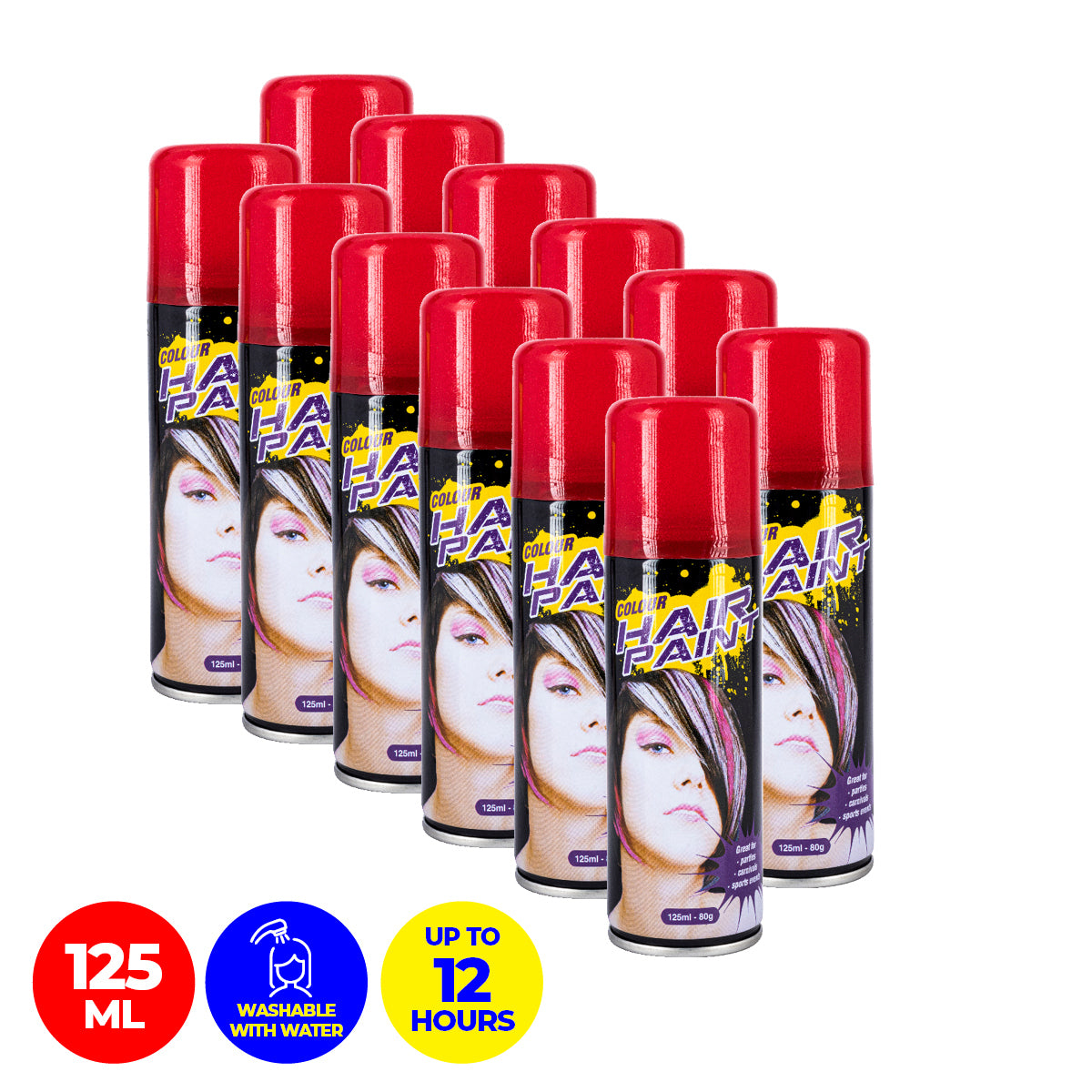 Party Central 12PCE Hair Spray Vibrant Red Long Lasting Non-Sticky 125ml - Occasions > Costumes