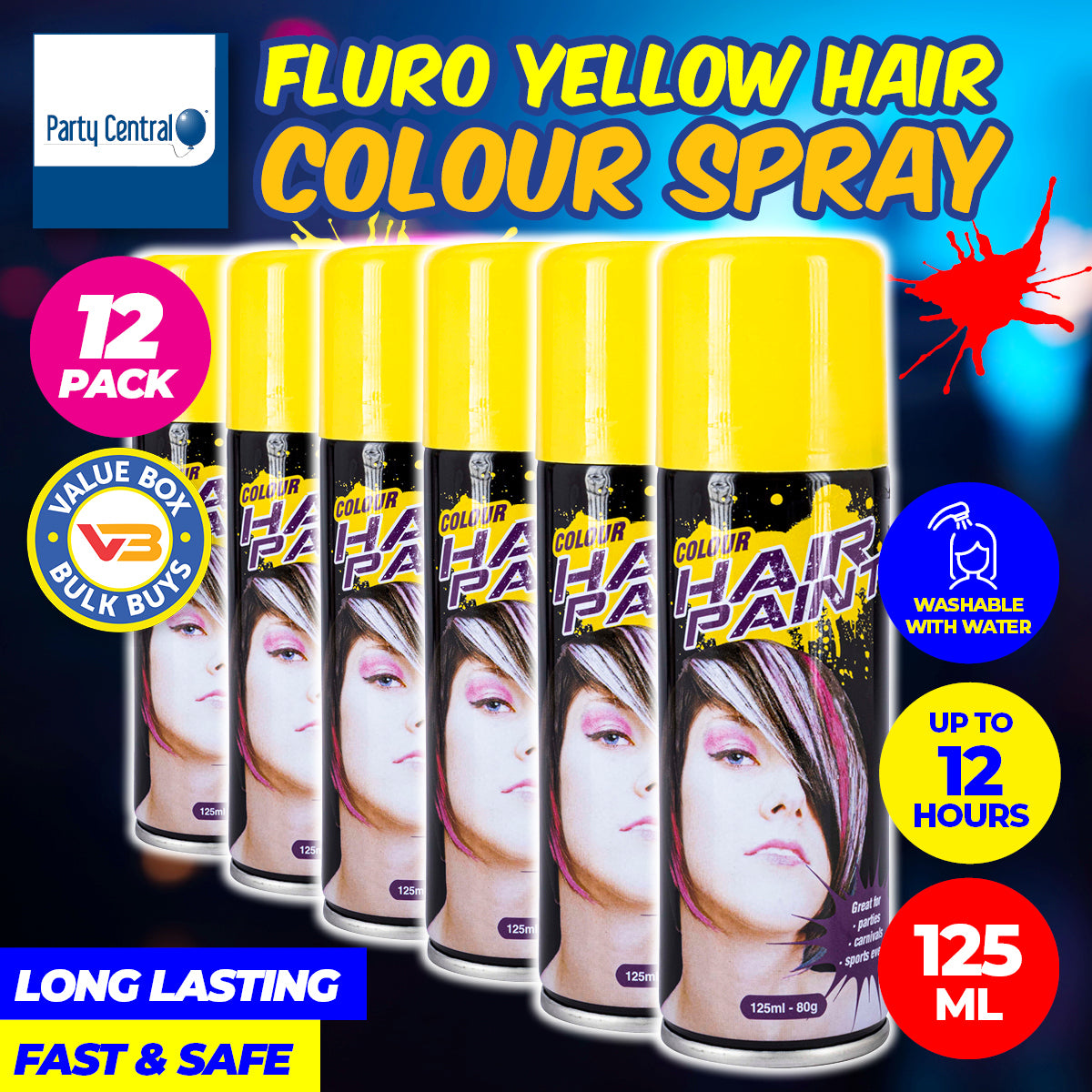 Party Central 12PCE Hair Spray Yellow Long Lasting Non-Sticky 125ml - Occasions > Costumes