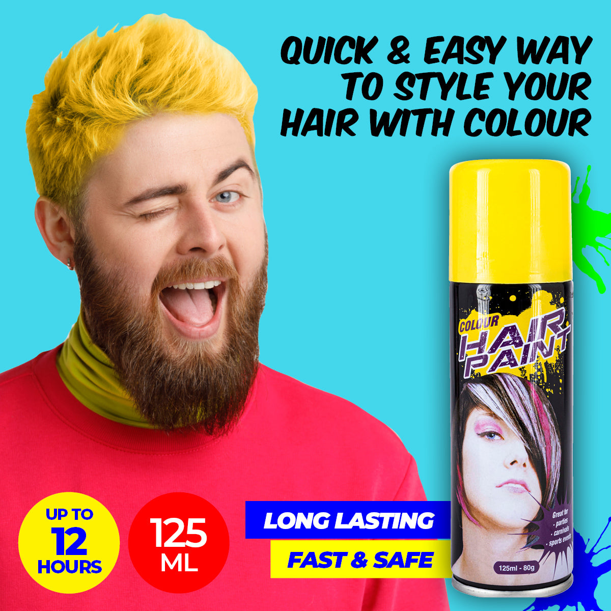 Party Central 12PCE Hair Spray Yellow Long Lasting Non-Sticky 125ml - Occasions > Costumes