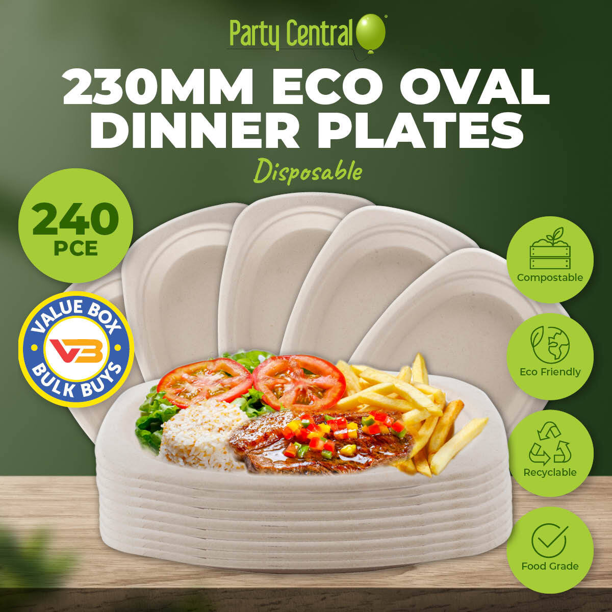 Party Central 240PCE Dinner Plates Oval Eco-Friendly Recyclable Durable 23cm - Occasions > Disposable Tableware