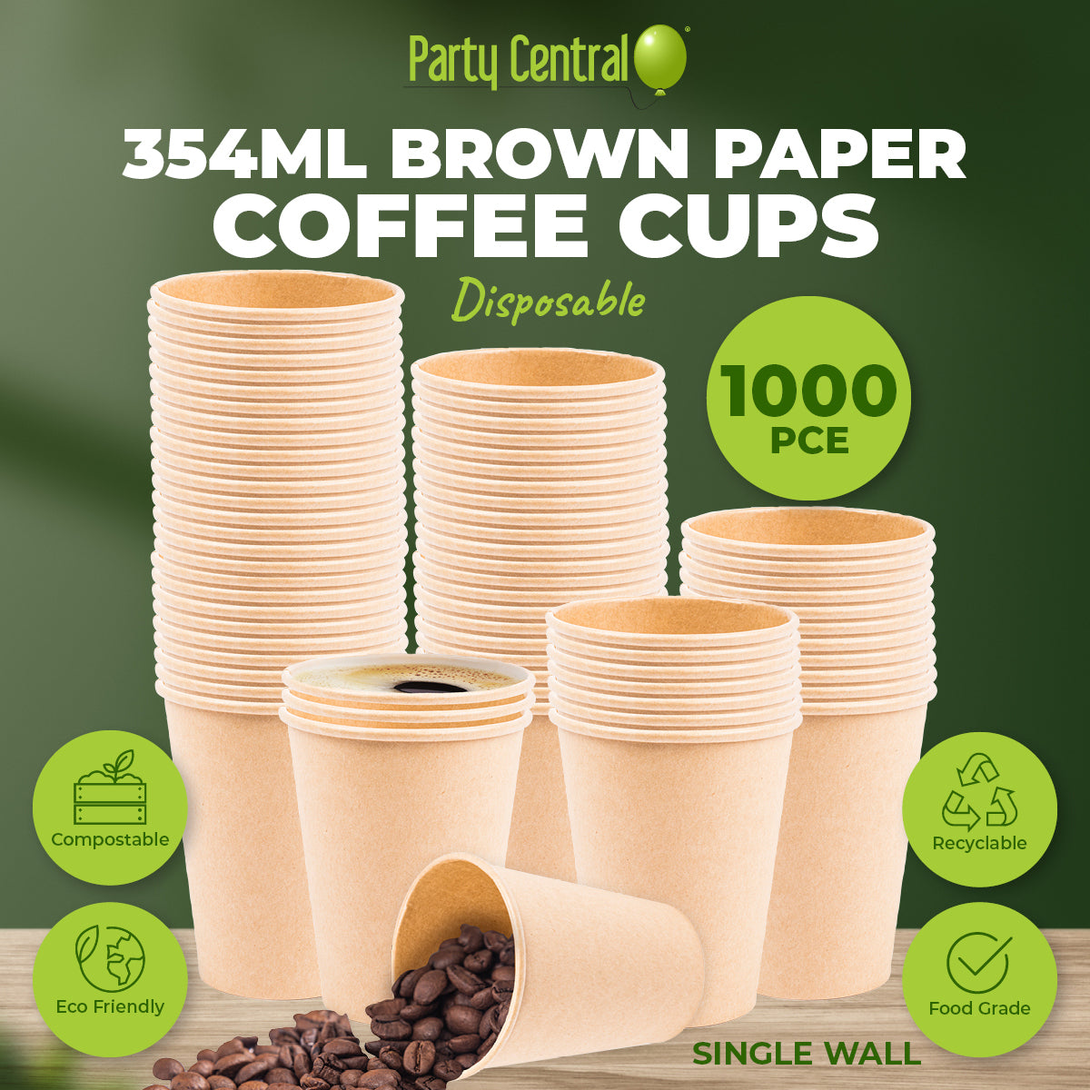 Party Central 1000PCE 354ml Coffee Cups Disposable Recycable 8.5 x 11cm - Occasions > Disposable Tableware