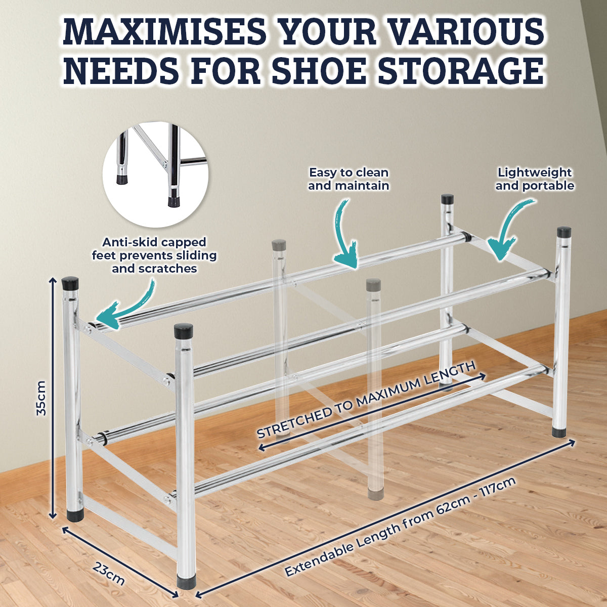 Home Master 6PCE Adjustable 2 Tier Shoe Racks Stainless Steel 35 x 62cm - Home & Garden > Laundry & Cleaning