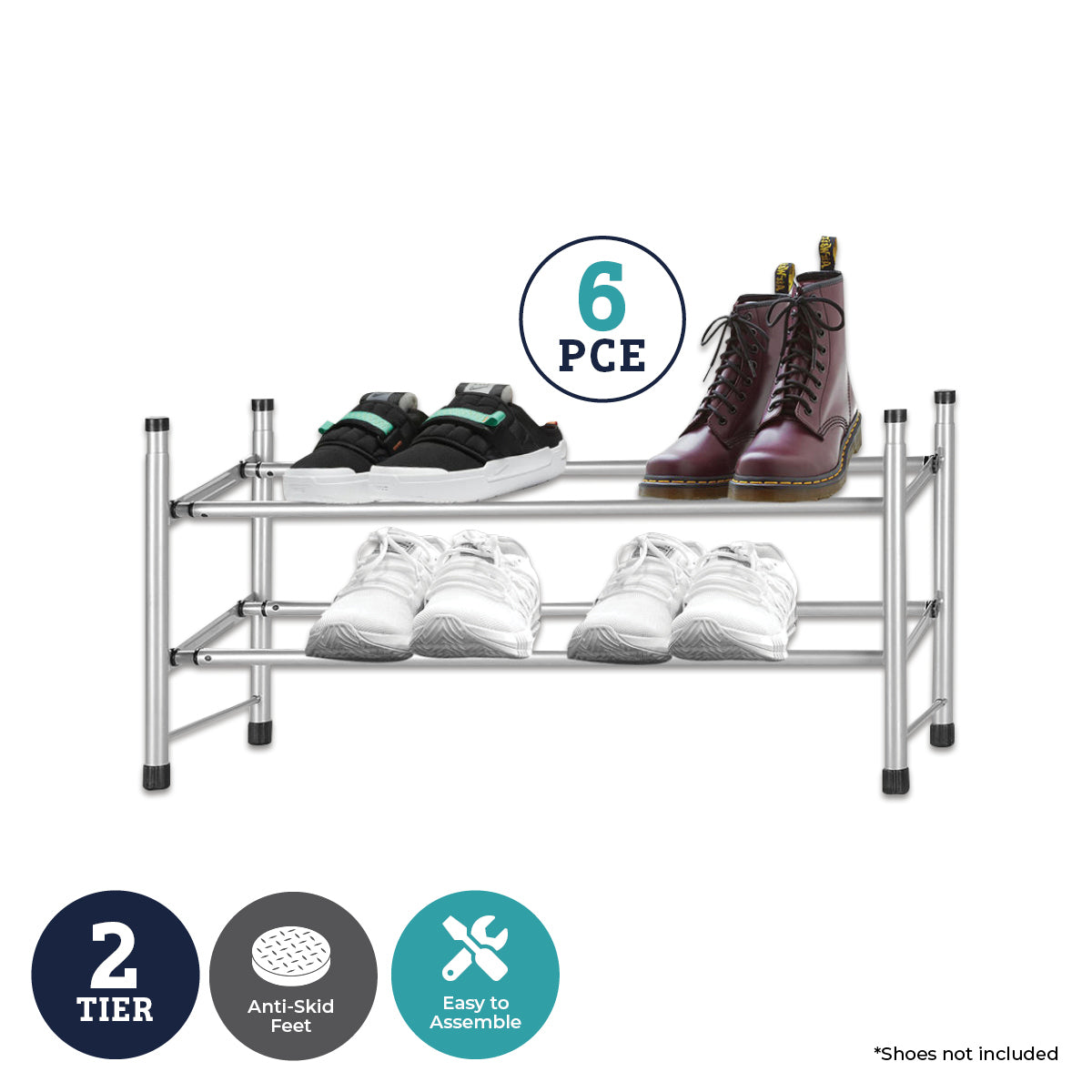 Home Master 6PCE Adjustable 2 Tier Shoe Racks Stainless Steel 35 x 62cm - Home & Garden > Laundry & Cleaning