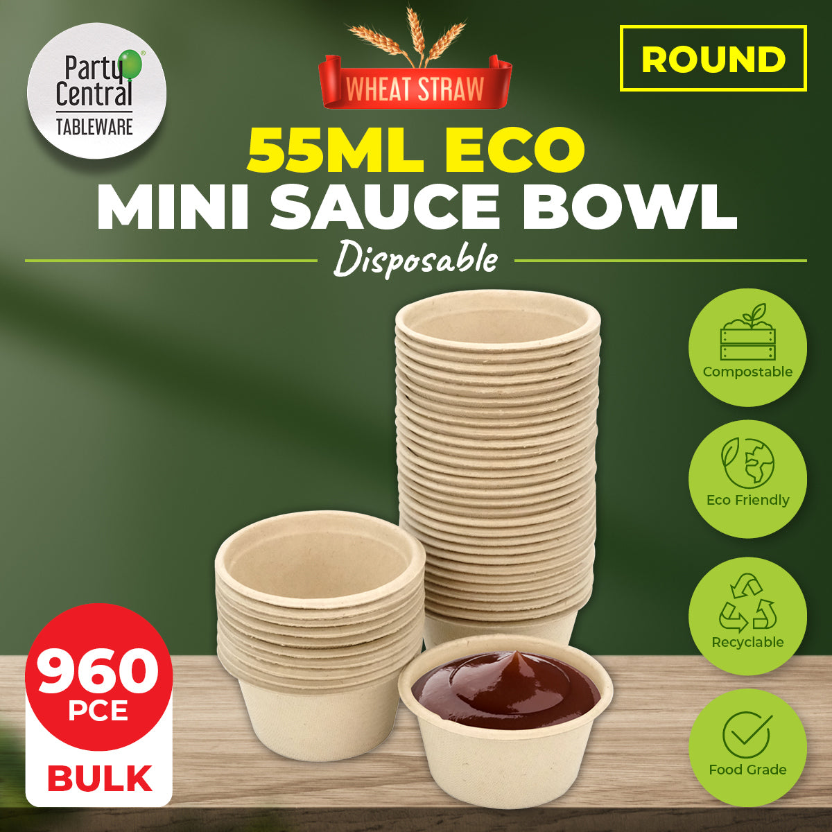 Party Central 960PCE Sauce Bowls Mini Size 150ml Eco-Friendly Recyclable 60mm - Occasions > Disposable Tableware