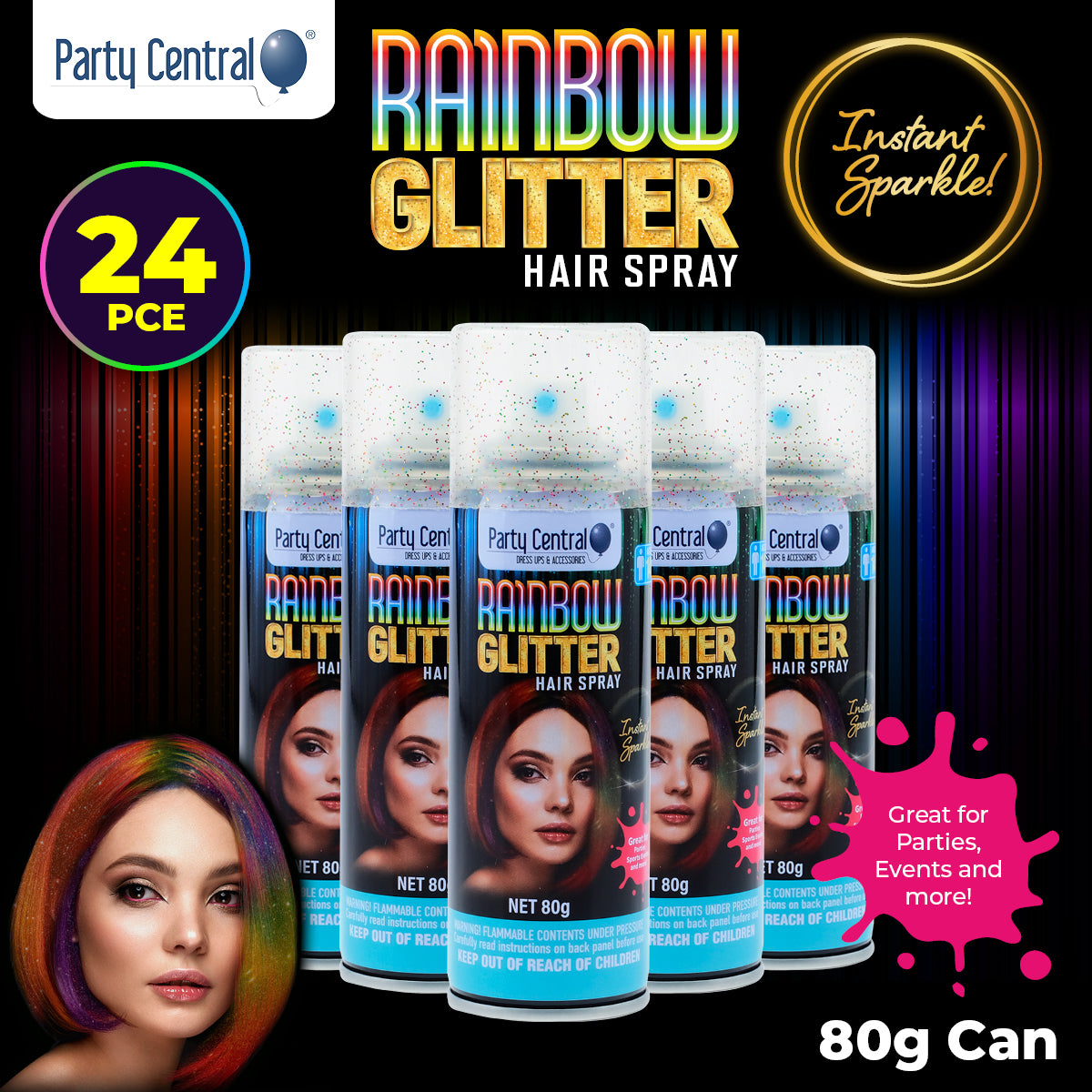 Party Central 24PCE Rainbow Glitter Hair Spray Long Lasting Non Sticky 80g - Occasions > Costumes