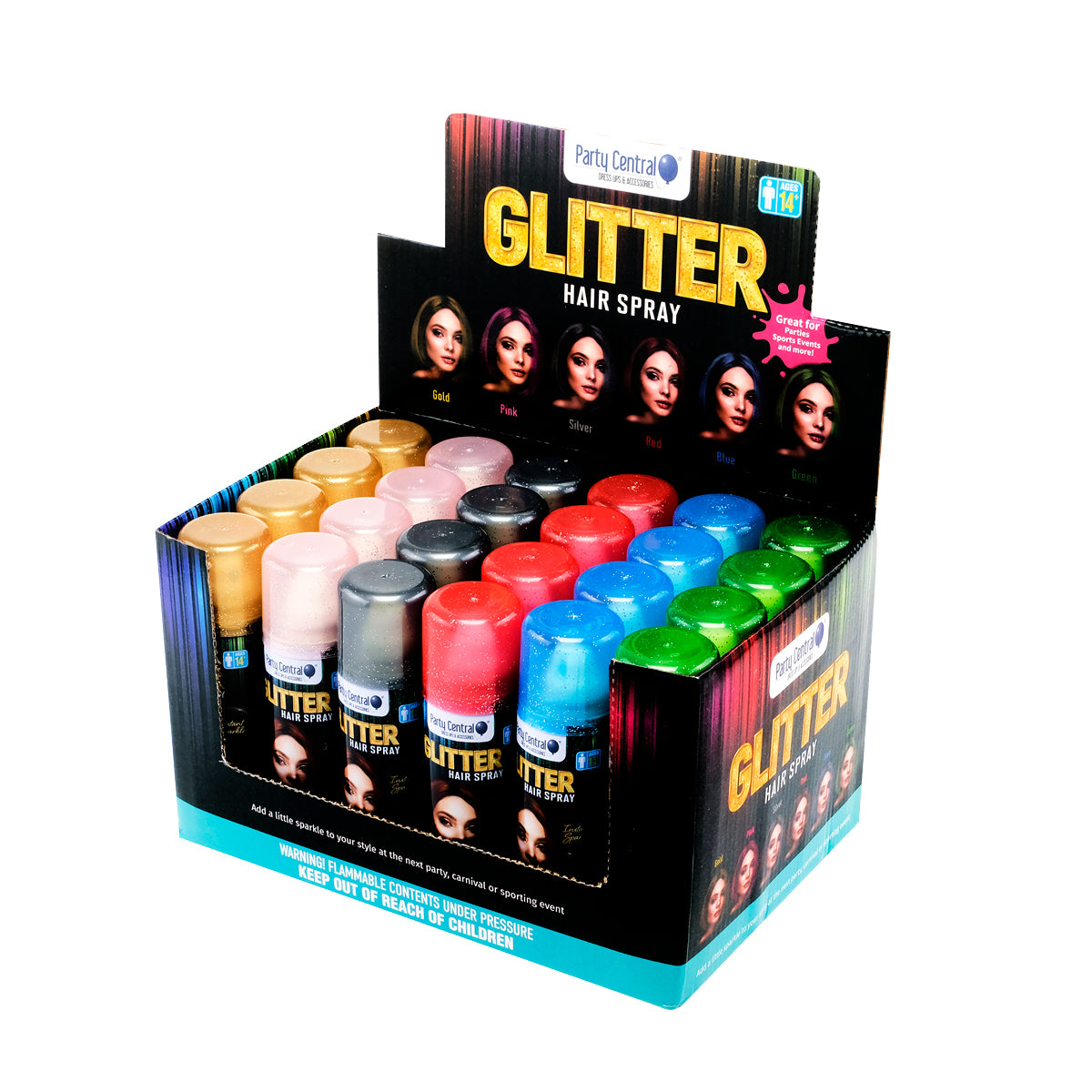 Party Central 24PCE Glitter Hair Spray Variety Pack Of Colours Non Sticky 80g - Occasions > Costumes