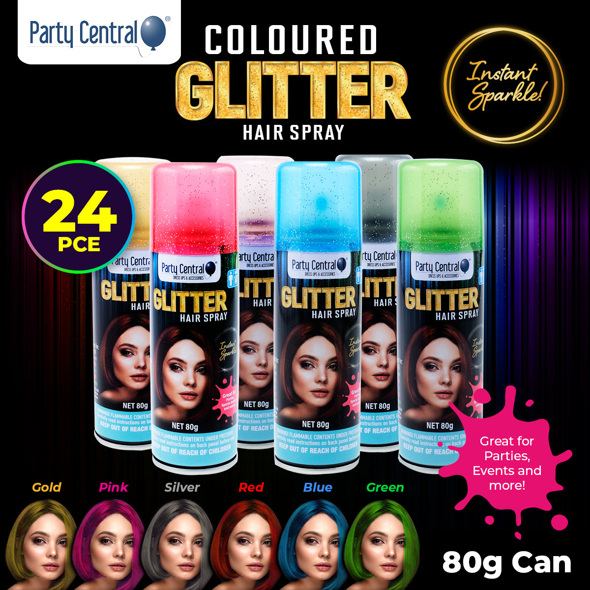 Party Central 24PCE Glitter Hair Spray Variety Pack Of Colours Non Sticky 80g - Occasions > Costumes