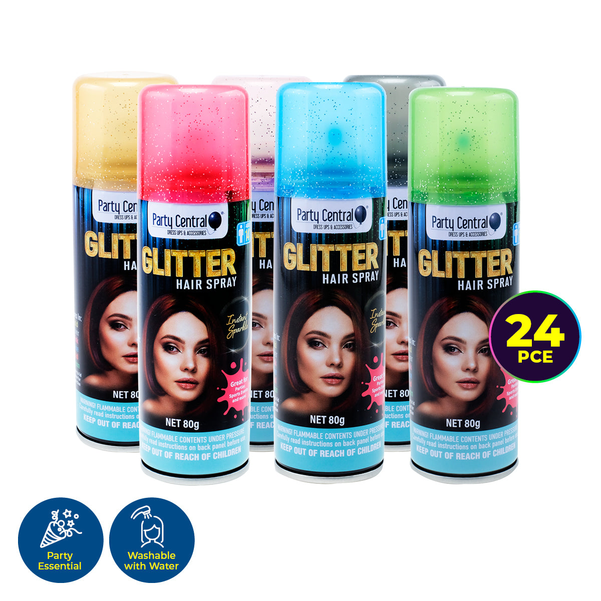 Party Central 24PCE Glitter Hair Spray Variety Pack Of Colours Non Sticky 80g - Occasions > Costumes