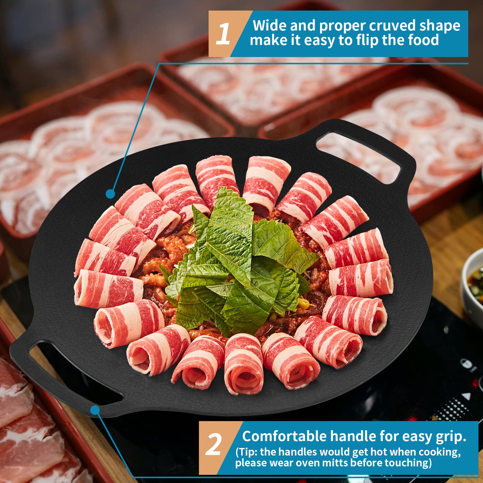 Korean Grill Pan Nonstick 6 Layer 40cm Round BBQ Griddle Indoor or Outdoor Cooking - Home & Garden > BBQ