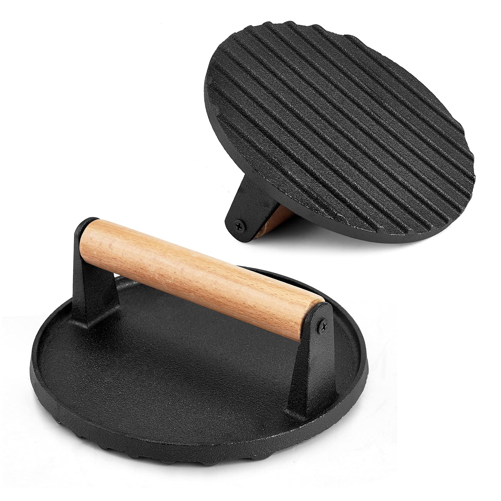 Heavy Duty Round Cast Iron Grill Burger Press Pre-Seasoned Steak Griddle BBQ Grilling - Home & Garden > BBQ