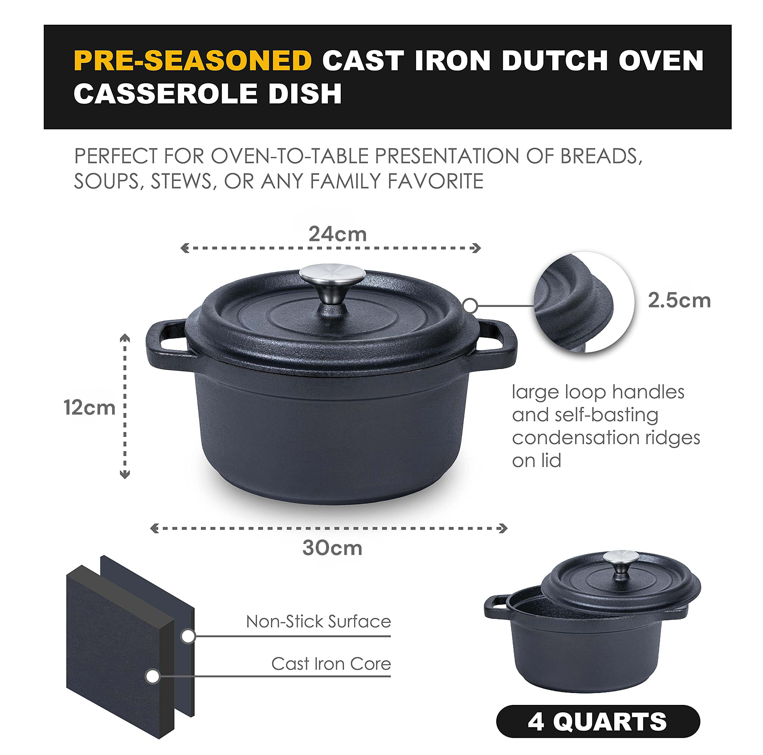 24cm Pre-seasoned NonStick Cast Iron Dutch Oven Handles Lid Skillet Cookware Braising Pot Pan Casserole - Home & Garden > Kitchenware