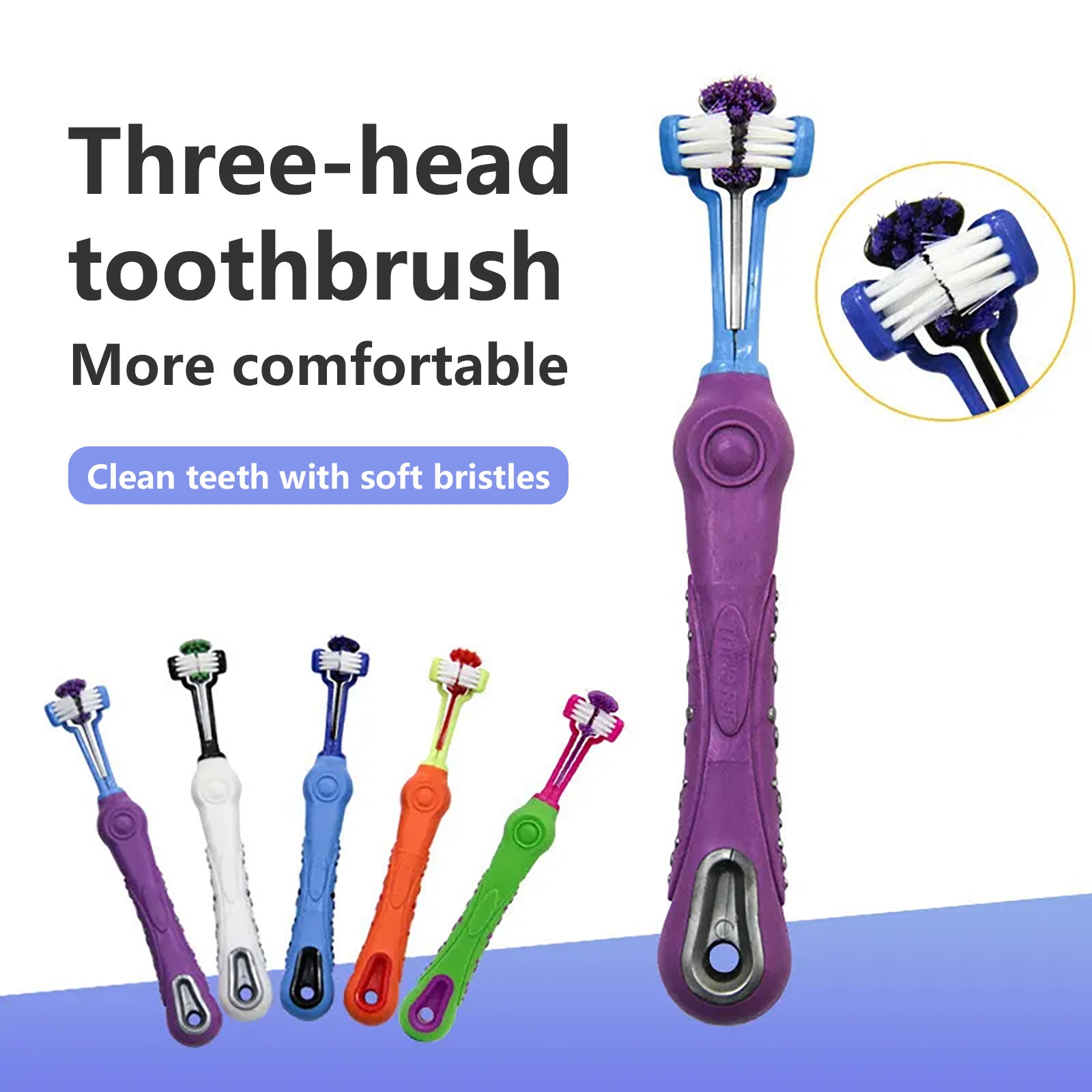 Pawfriends Pet Three-Head Multi-Angle Dog Cat Toothbrush Oral Cleaning Product Blue - Pet Care > Dog Supplies