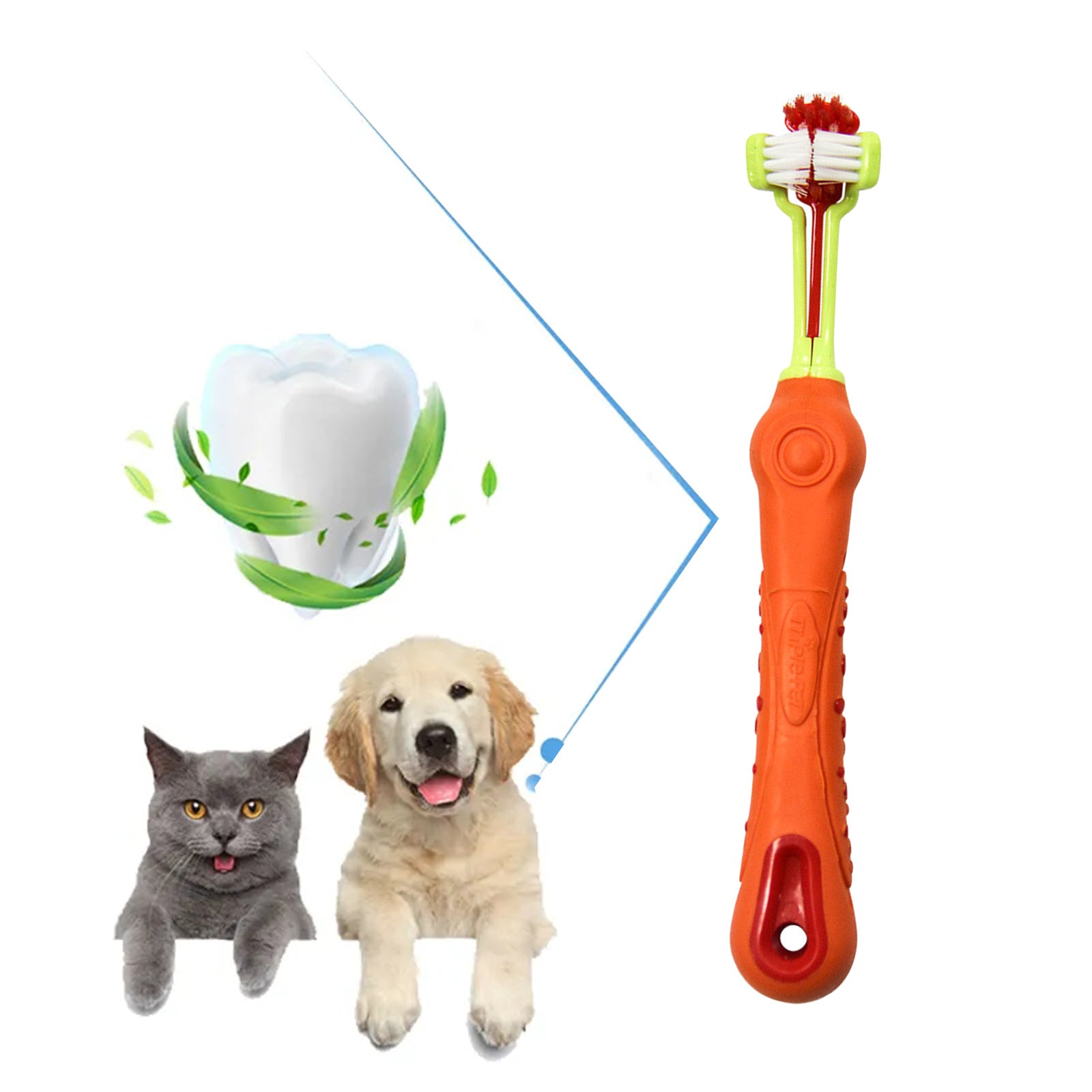 Pawfriends Pet Three-Head Multi-Angle Dog  Cat Toothbrush Oral Cleaning Product Orange - Pet Care > Dog Supplies