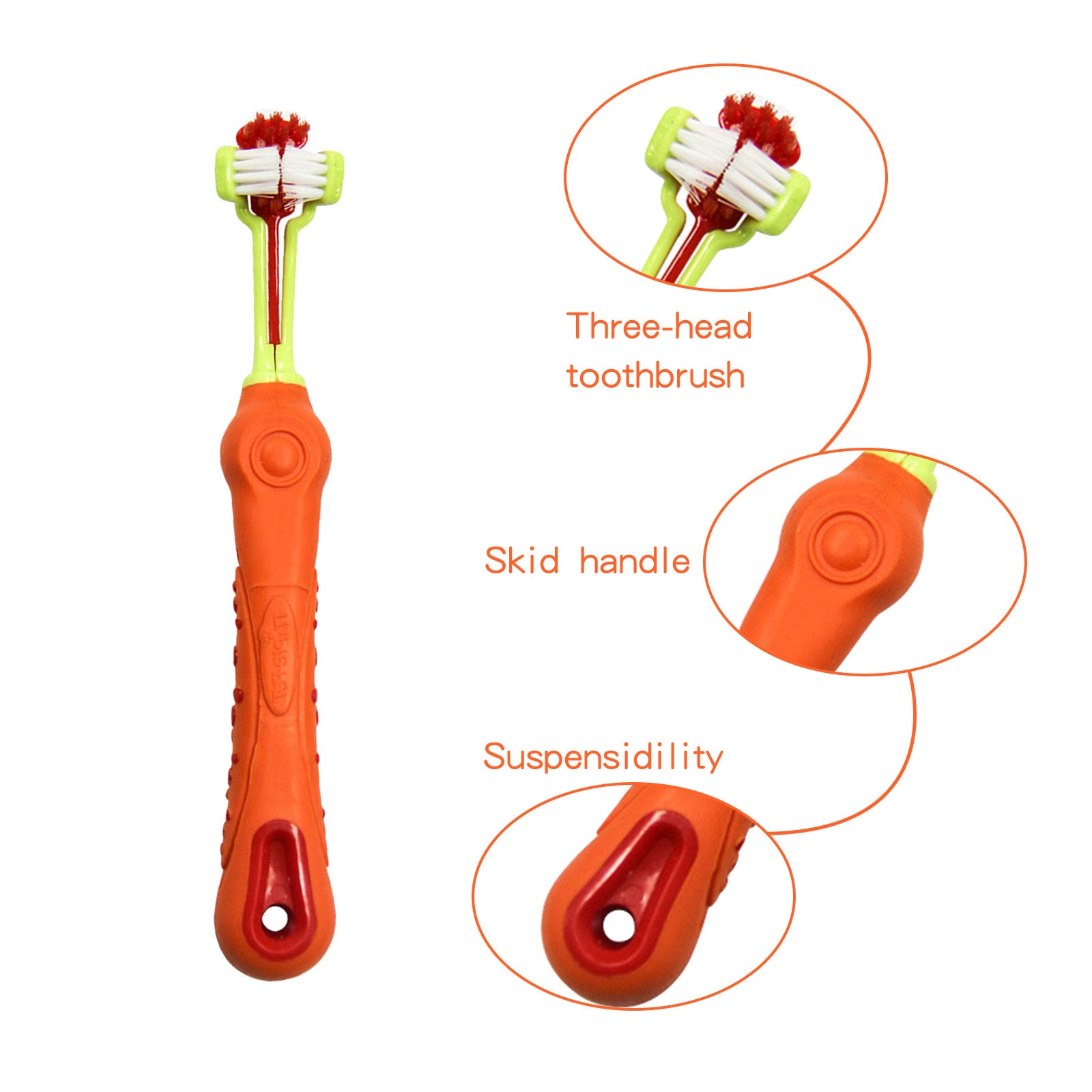 Pawfriends Pet Three-Head Multi-Angle Dog  Cat Toothbrush Oral Cleaning Product Orange - Pet Care > Dog Supplies