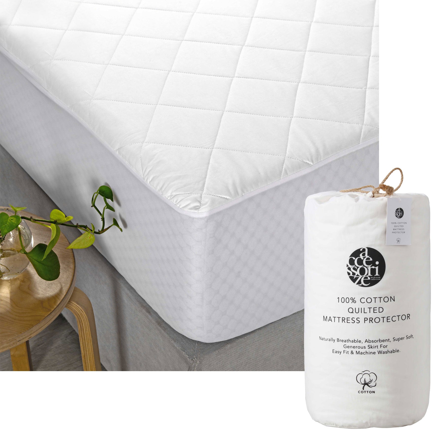 Accessorize Cotton Quilted Mattress Protector Queen - Home & Garden > Bedding