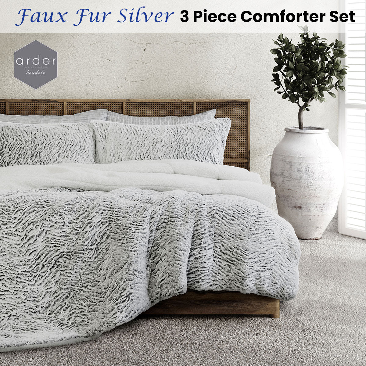 Ardor Faux Fur Silver 3 Piece Comforter Set Queen/King - Home & Garden > Bedding