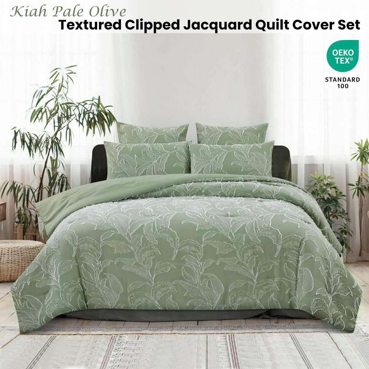 Ardor Kiah Pale Olive Textured Clipped Jacquard Quilt Cover Set Queen - Home & Garden > Bedding