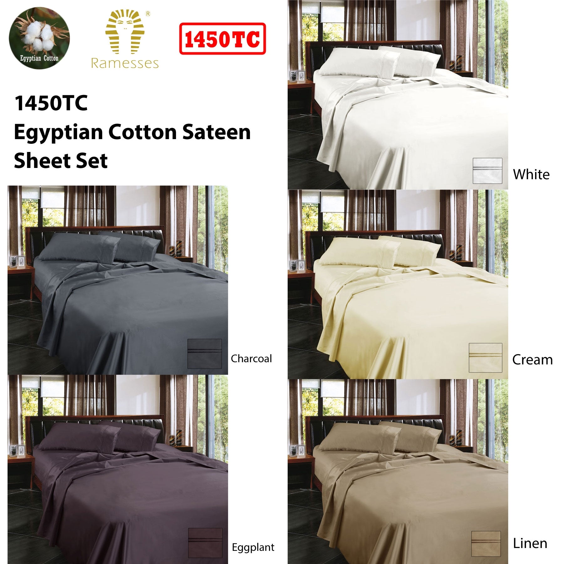 Ramesses 1450TC Egyptian Cotton Sateen Sheet Set Cream Queen - Home & Garden > Bedding