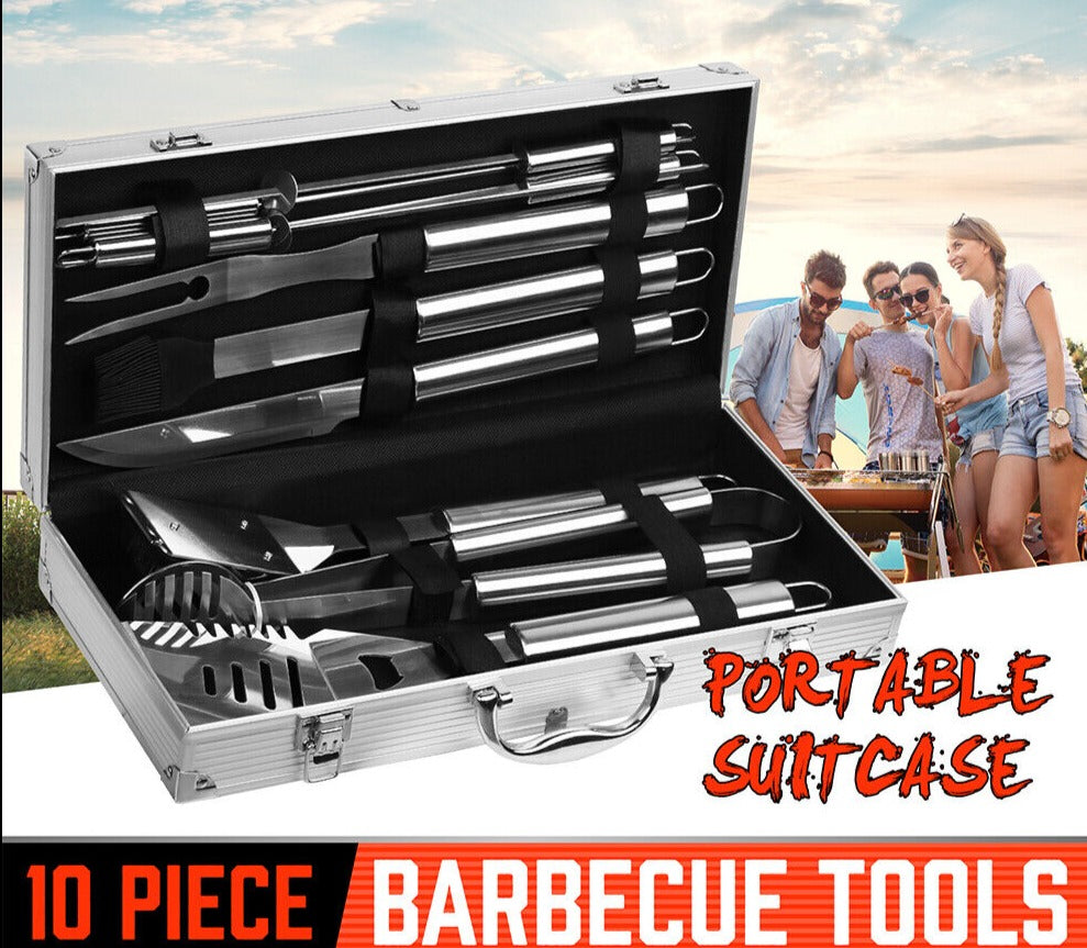 10Pcs BBQ Tool Set Stainless Steel Outdoor Barbecue Aluminium Grill Cook kitchen - Home & Garden > BBQ