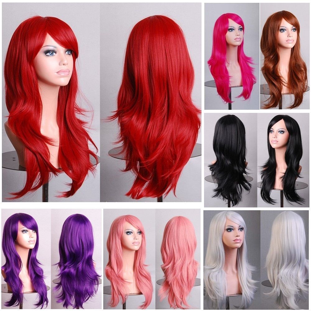 70cm Wavy Curly Sleek Full Hair Lady Wigs w Side Bangs Cosplay Costume Womens, Burgundy - Women's Fashion > Accessories