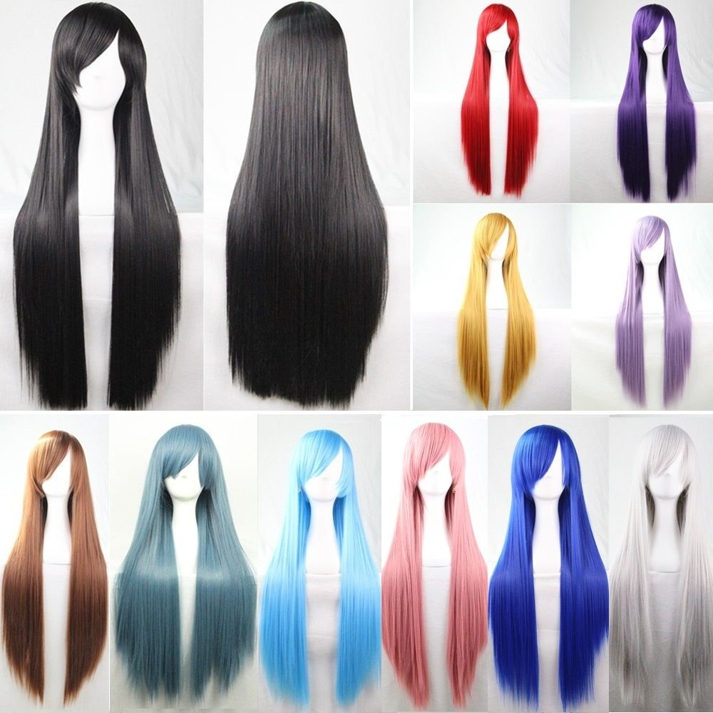 New 80cm Straight Sleek Long Full Hair Wigs w Side Bangs Cosplay Costume Womens, Golden Pink - Women's Fashion > Accessories