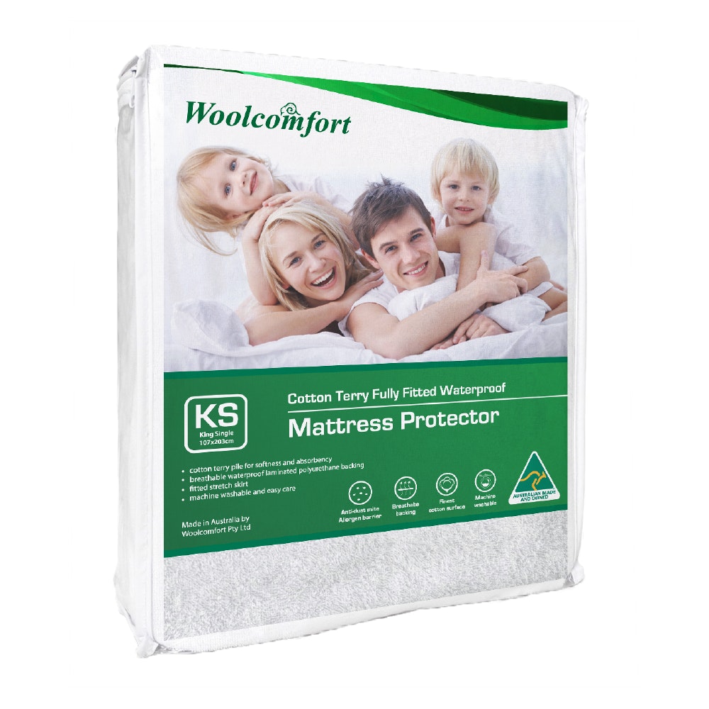 Woolcomfort Cotton Terry Fully Fitted Waterproof Mattress Protector King Single Size - Home & Garden > Bedding