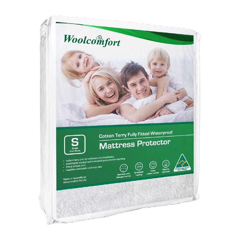 Woolcomfort Cotton Terry Fully Fitted Waterproof Mattress Protector Single Size - Home & Garden > Bedding