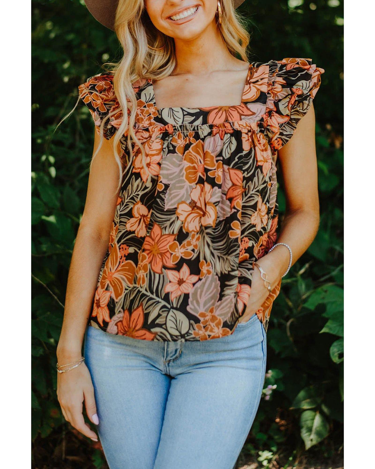 Floral Flutter Sleeves Square Neck Blouse - XL - Women's Fashion > Tops & T-shirts