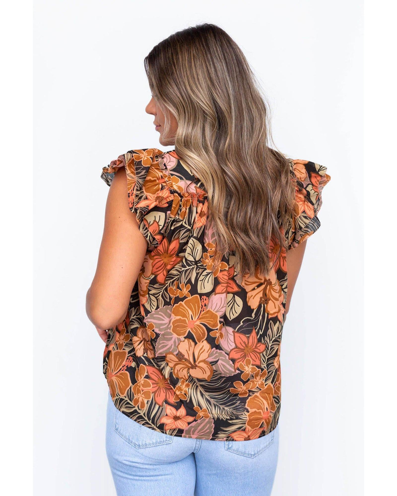 Floral Flutter Sleeves Square Neck Blouse - XL - Women's Fashion > Tops & T-shirts