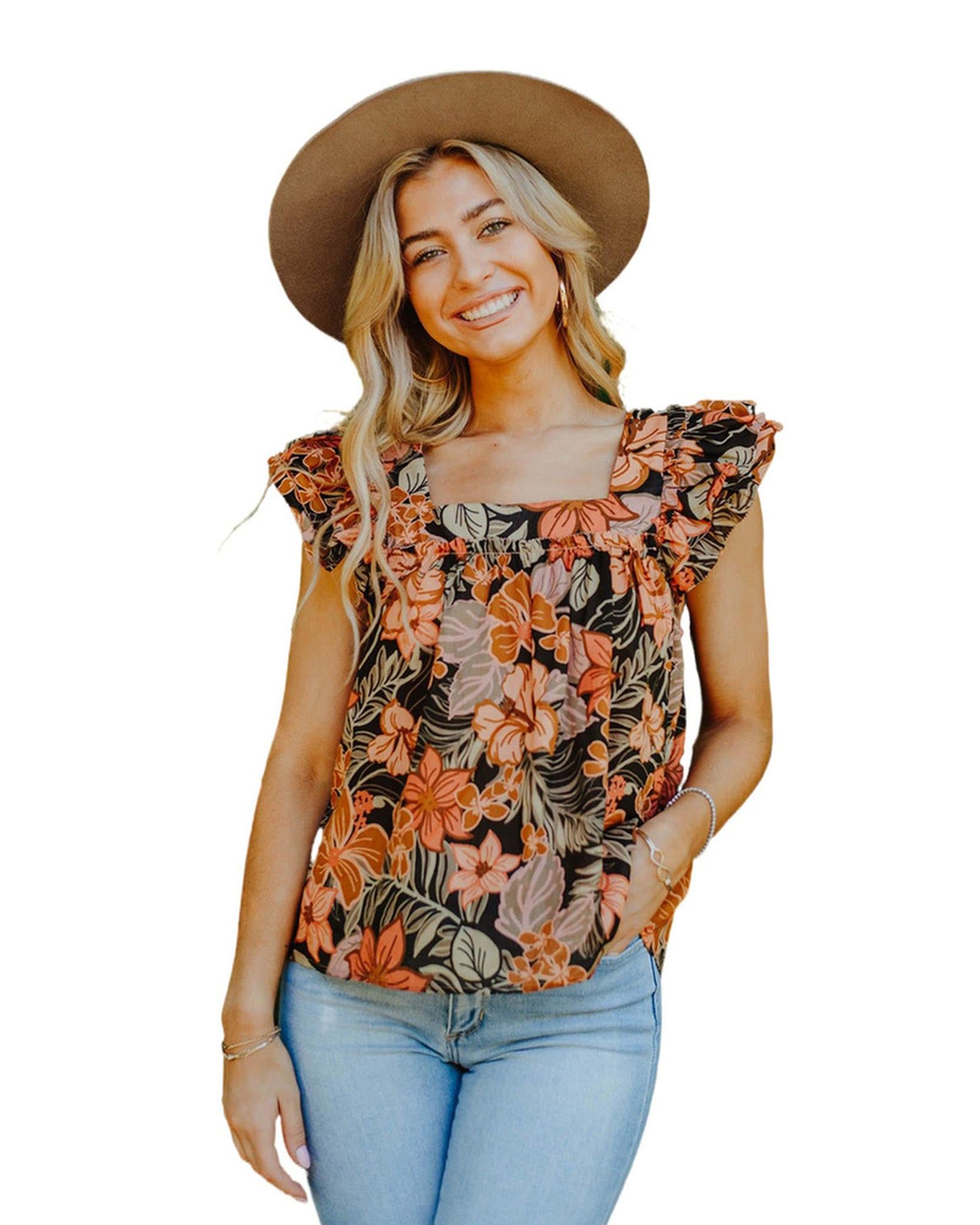 Floral Flutter Sleeves Square Neck Blouse - XL - Women's Fashion > Tops & T-shirts