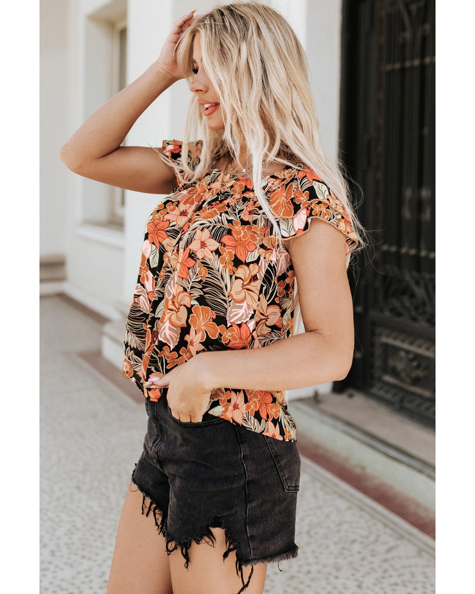 Floral Flutter Sleeves Square Neck Blouse - XL - Women's Fashion > Tops & T-shirts