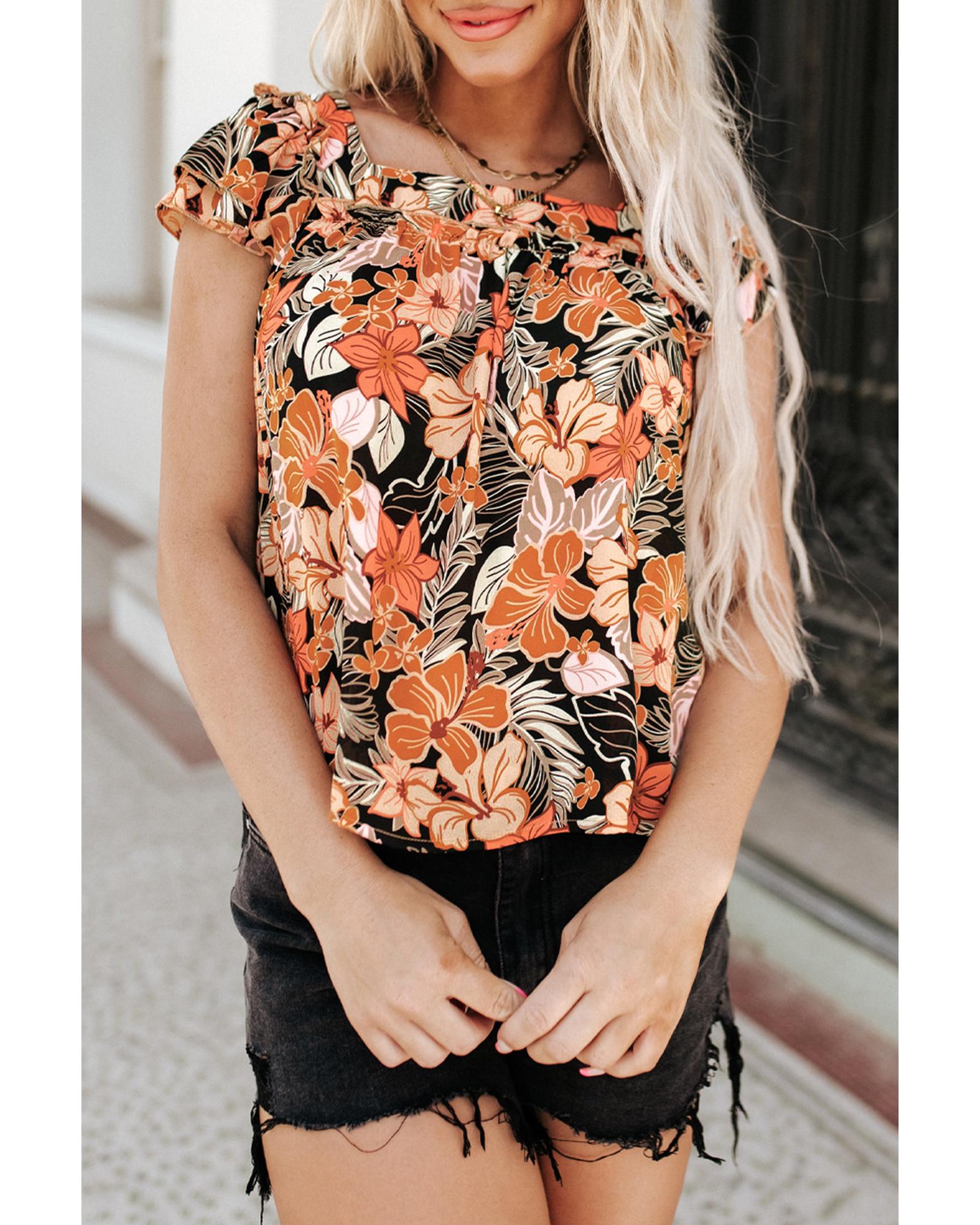 Floral Flutter Sleeves Square Neck Blouse - XL - Women's Fashion > Tops & T-shirts