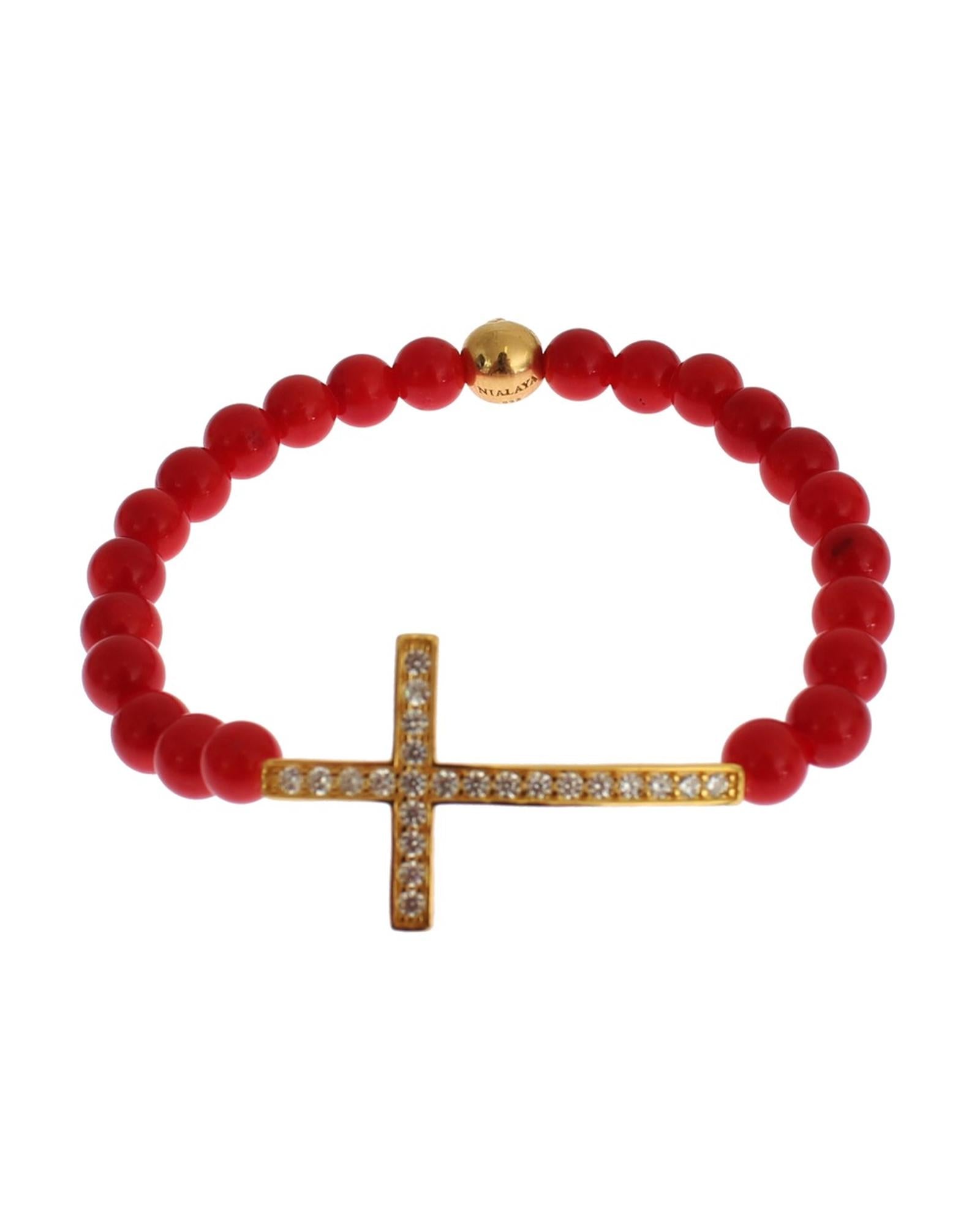 Authentic NIALAYA Gold Plated Silver Bracelet with Red Coral Beads and CZ Diamond Cross S Women - Women's Fashion > Jewellery