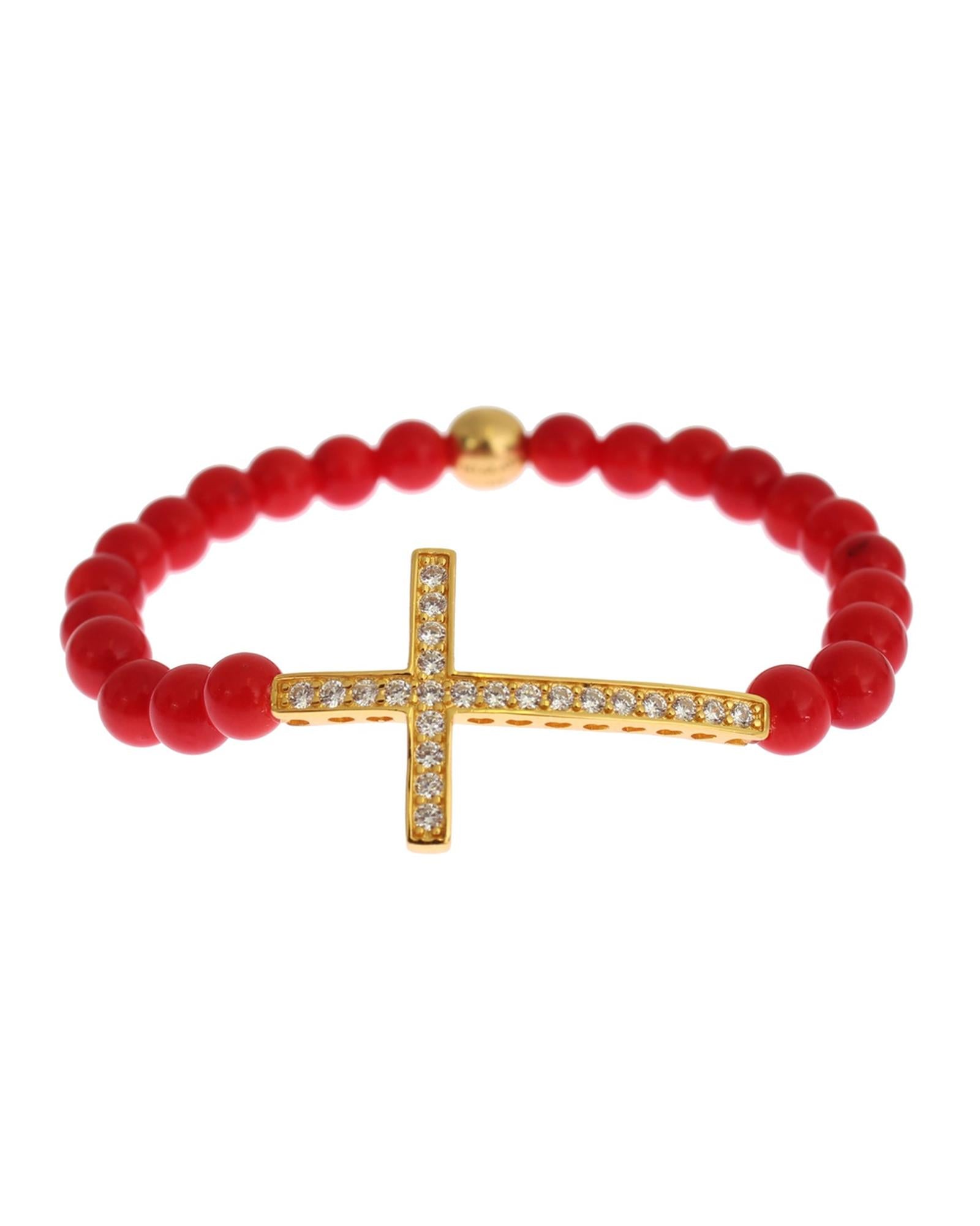 Authentic NIALAYA Gold Plated Silver Bracelet with Red Coral Beads and CZ Diamond Cross S Women - Women's Fashion > Jewellery