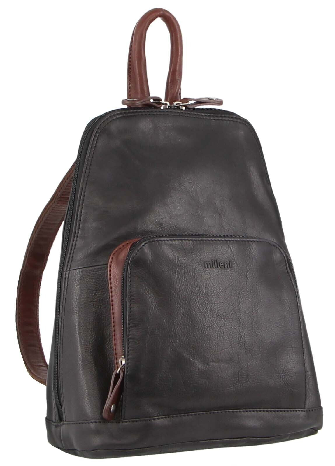 Milleni Womens Bag Italian Leather Soft Nappa Leather Backpack Travel - Black/Chestnut - Women's Fashion > Handbags