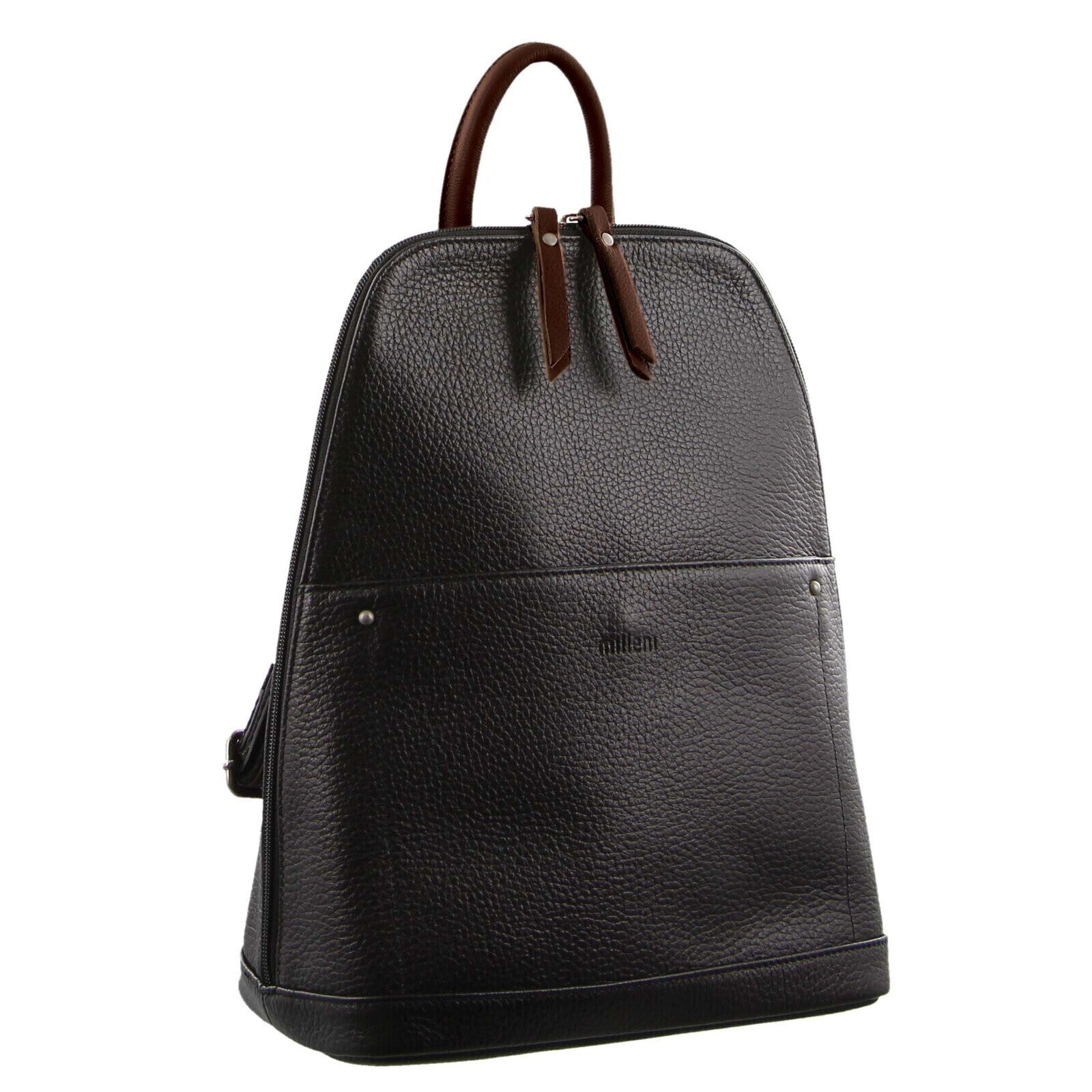 Milleni Ladies Genuine Italian Leather Backpack Bag Twin Zip - Black/Chestnut - Women's Fashion > Handbags