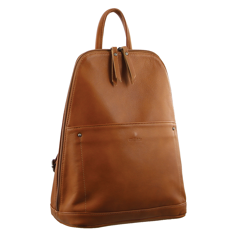 Milleni Ladies Genuine Italian Leather Backpack Bag Twin Zip - Cognac - Women's Fashion > Handbags