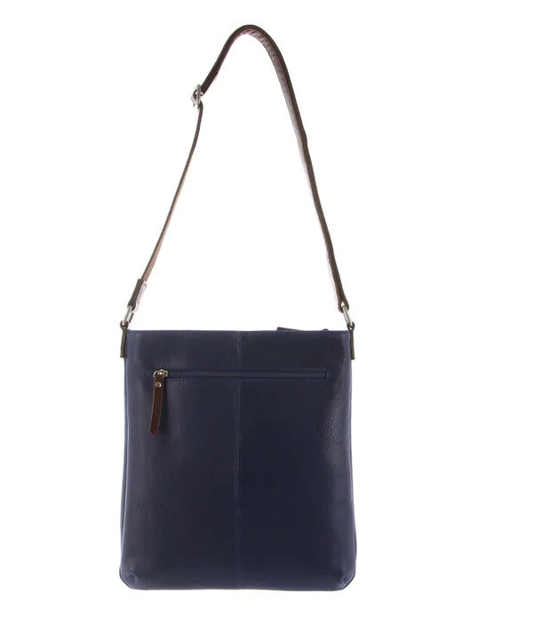 Milleni Womens Italian Leather Bag Soft Nappa Leather Cross-Body Travel - Indigo/Chestnut - Women's Fashion > Handbags