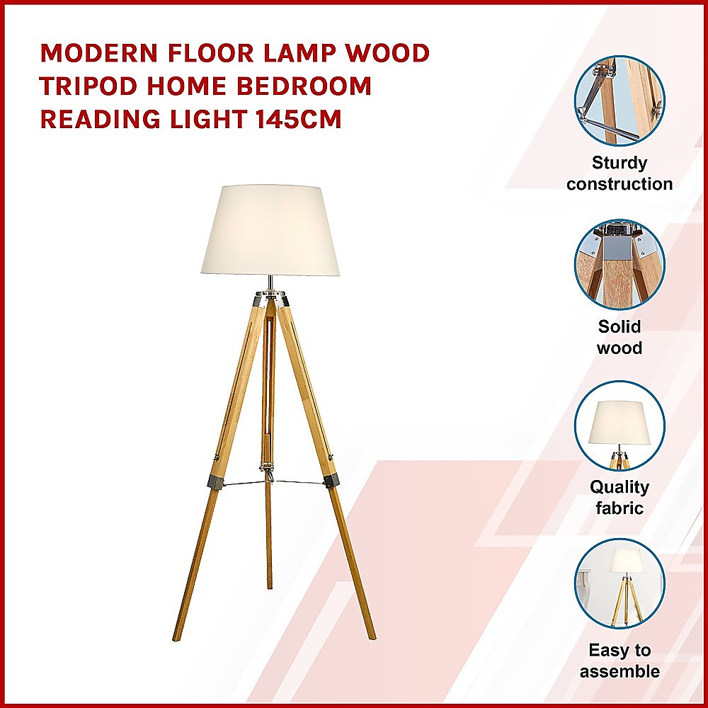 Modern Floor Lamp Wood Tripod Home Bedroom Reading Light 145cm - Home & Garden > Lighting