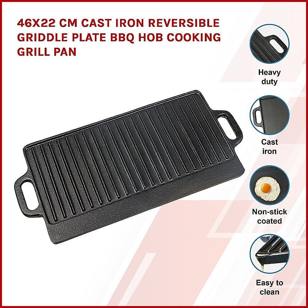 46x22 cm Cast Iron Reversible Griddle Plate BBQ Hob Cooking Grill Pan - Home & Garden > Kitchenware