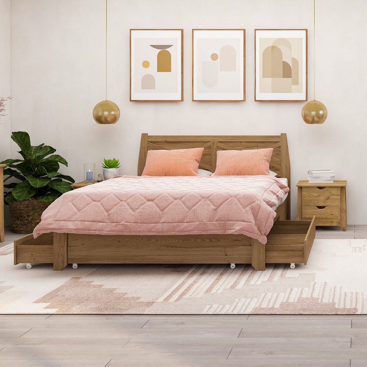 Mica Natural Wooden Bed Frame with Storage Drawers Double - Furniture > Bedroom