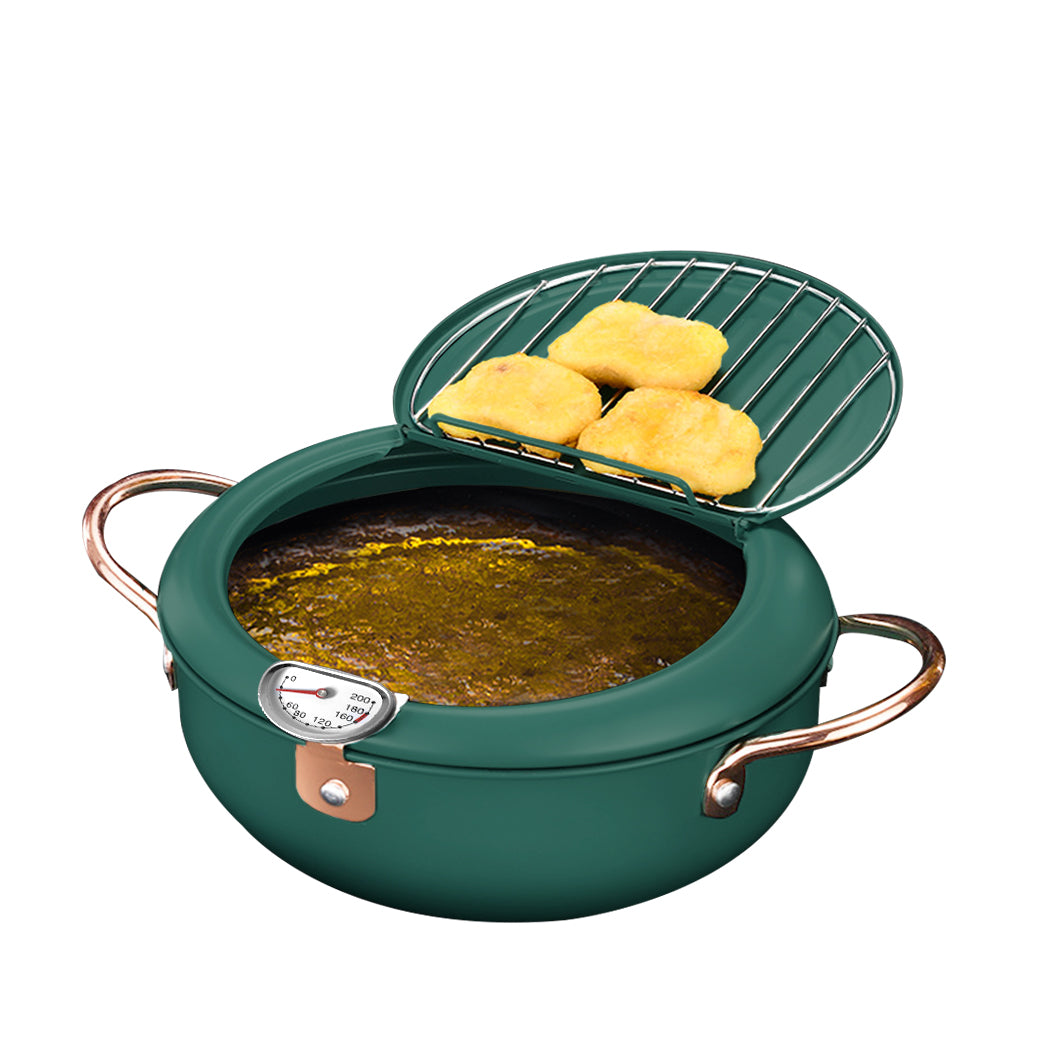 Japanese Deep Frying Pot with Thermometer Non-stick Tempura Fryer Pan 20cm Green - Home & Garden