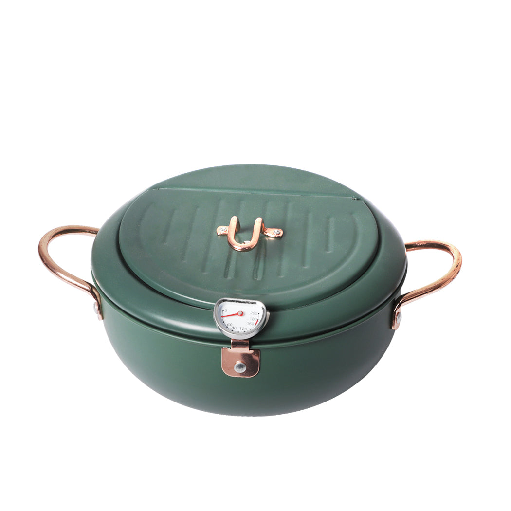 Japanese Deep Frying Pot with Thermometer Non-stick Tempura Fryer Pan 20cm Green - Home & Garden