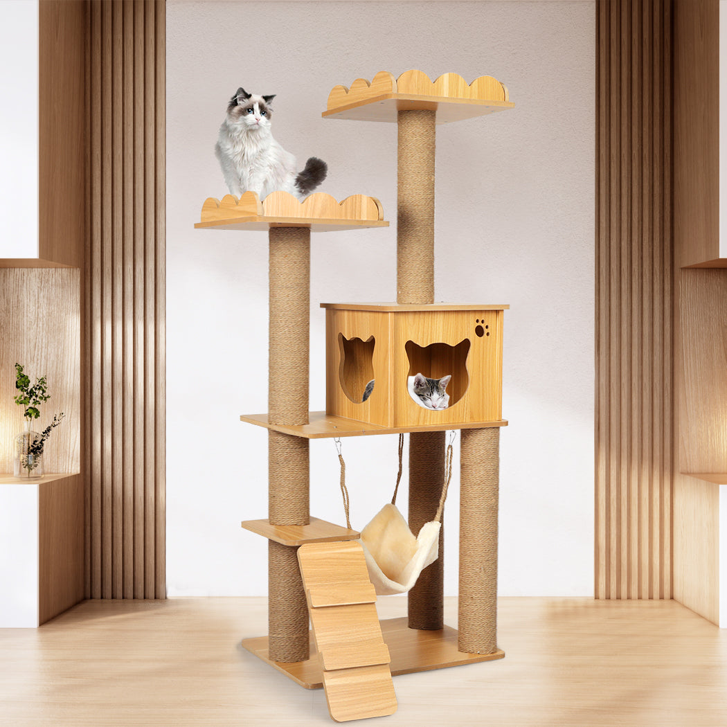 Cat Tree Scratching Post Scratcher Cats Tower Wood Condo Toys House 132cm - Pet Supplies